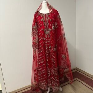 Deep Red Embroidered Formal Outfit with Gold Threadwork